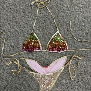 Glam Sequin Bikini Set in Gold and Pink